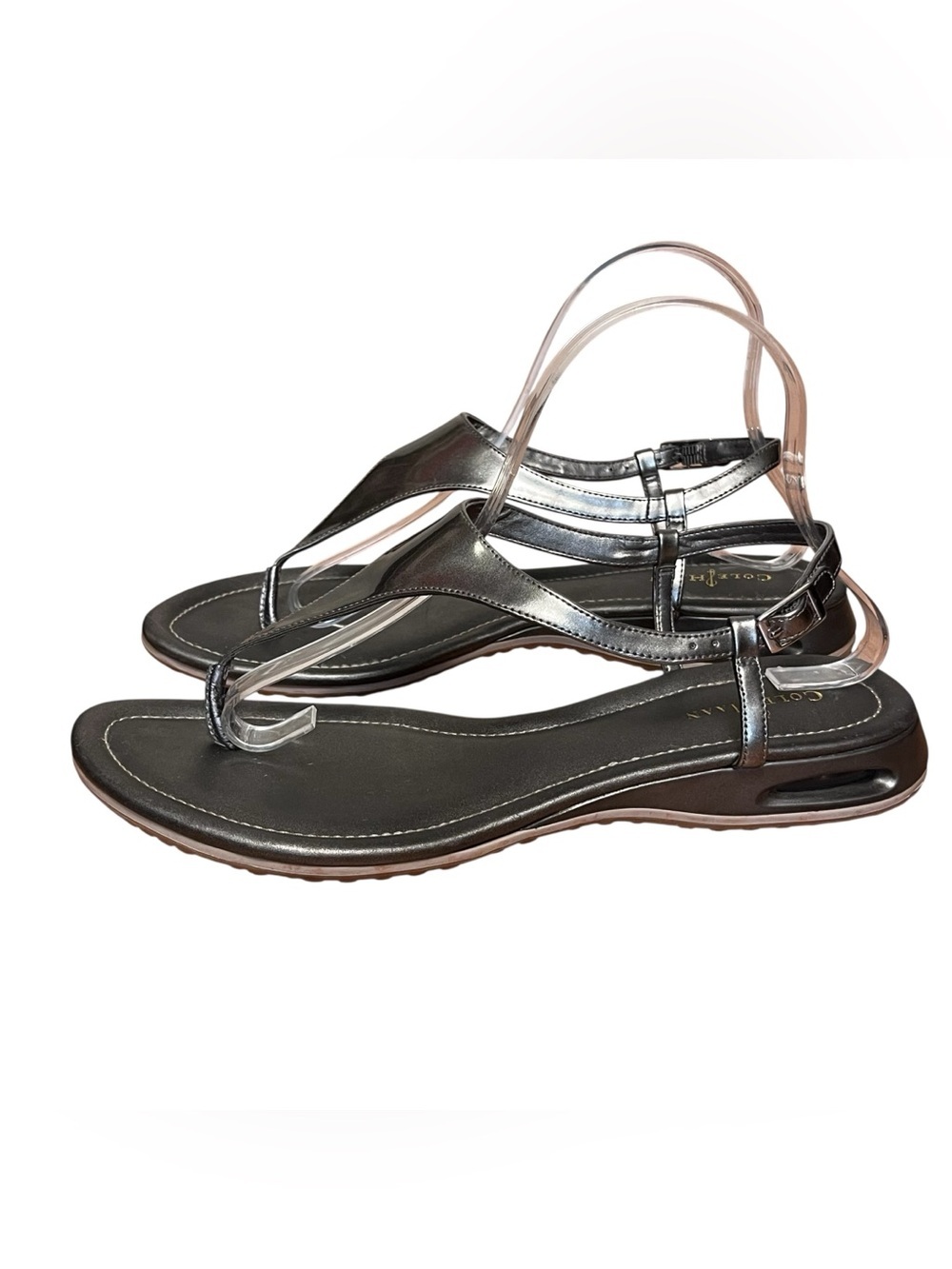 Cole Haan Nike Air Thong Sandals Metallic Pewter Leather Ankle Strap Comfort 9.5 - Picture 4 of 9